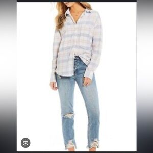 Free people pastel raw hem plaid button down shirt